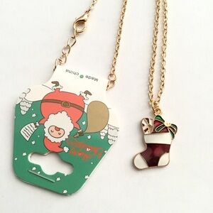 New Gold Tone Christmas Stocking Charm Necklace